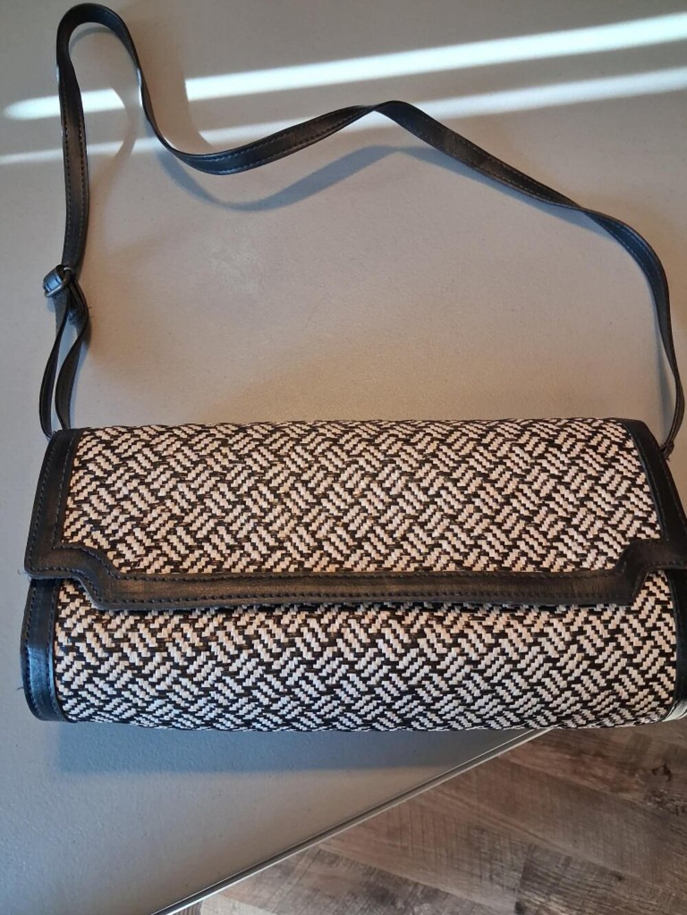 Satinato Black White Woven Flap Shoulder Bag Geometric Crossbody